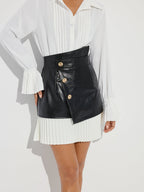 Pleated Panel Faux Leather Asymmetric Mini Skirt