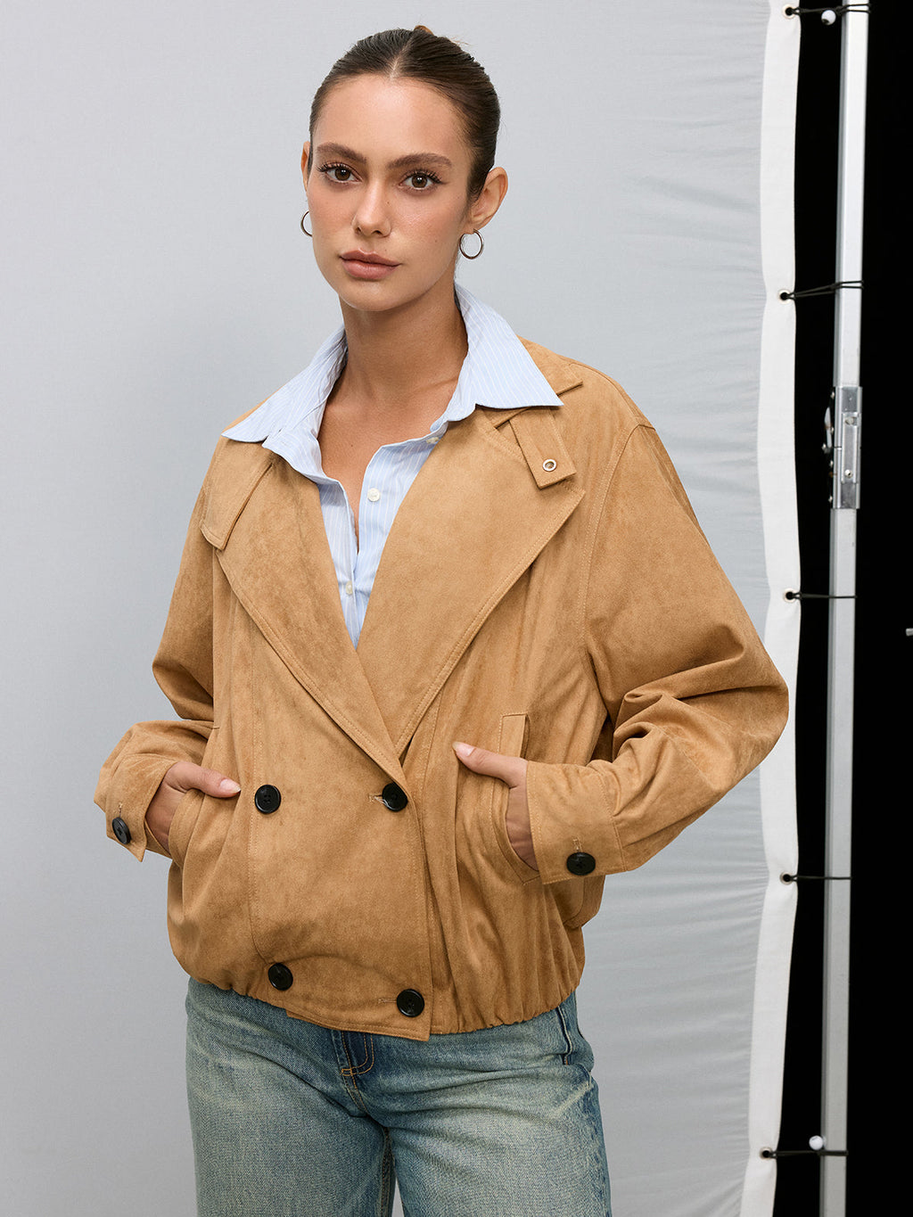 Double-Breasted Suede Effect Trench Coat