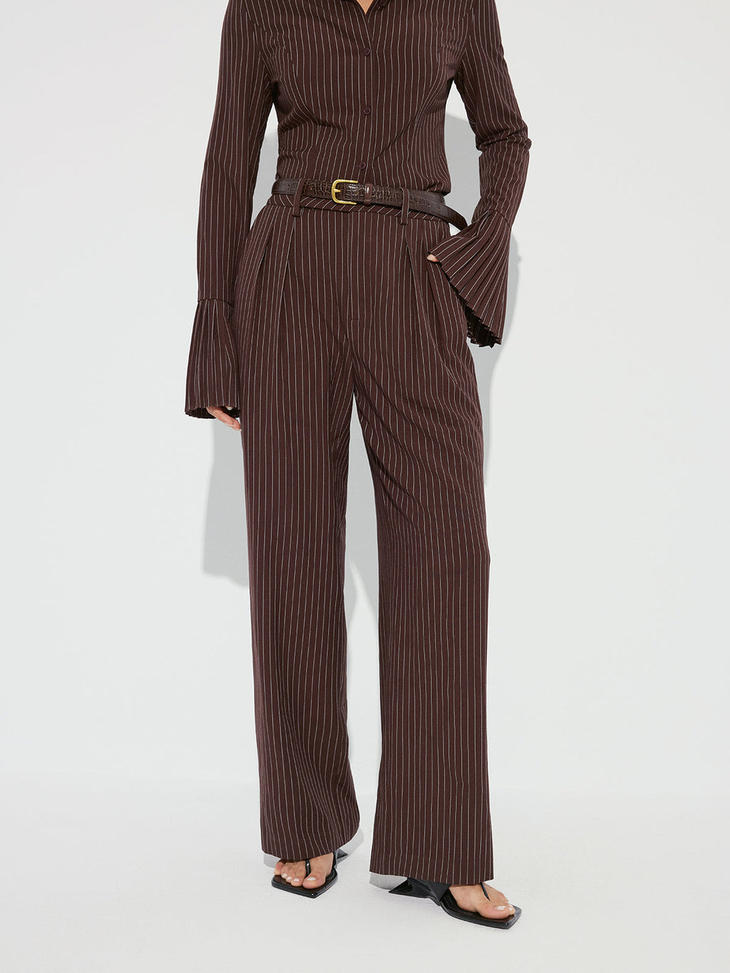 Striped Pleated Wide-Leg Pants without Belt