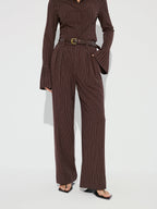 Striped Pleated Wide-Leg Pants without Belt
