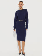 Crew Neck Knit Sweater and Ribbed Midi Skirt
