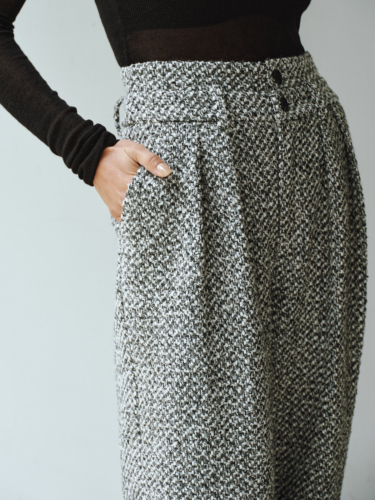 Wool Blend Double Waistband Tweed Pants