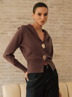 Metal Button Shawl Collar Knit Top