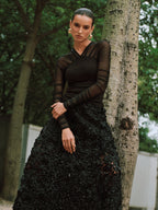 Sheer Mesh Paneled V-Neck Blouse