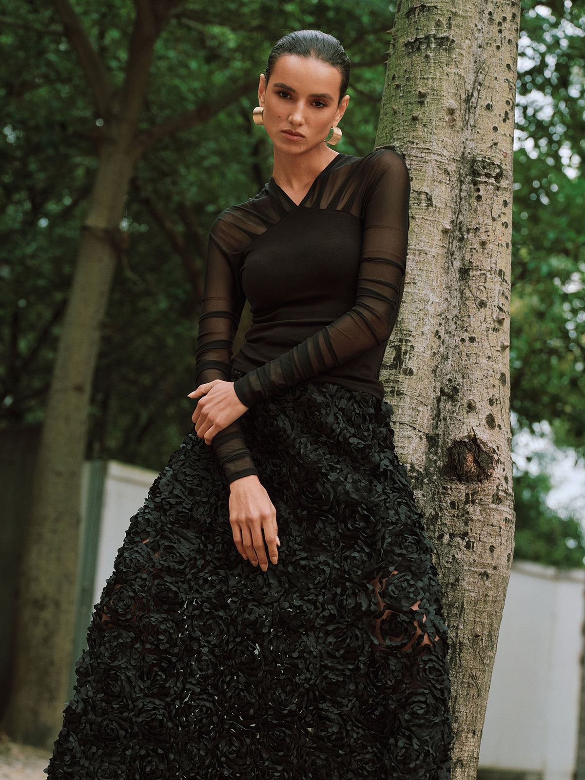 Sheer Mesh Paneled V-Neck Blouse