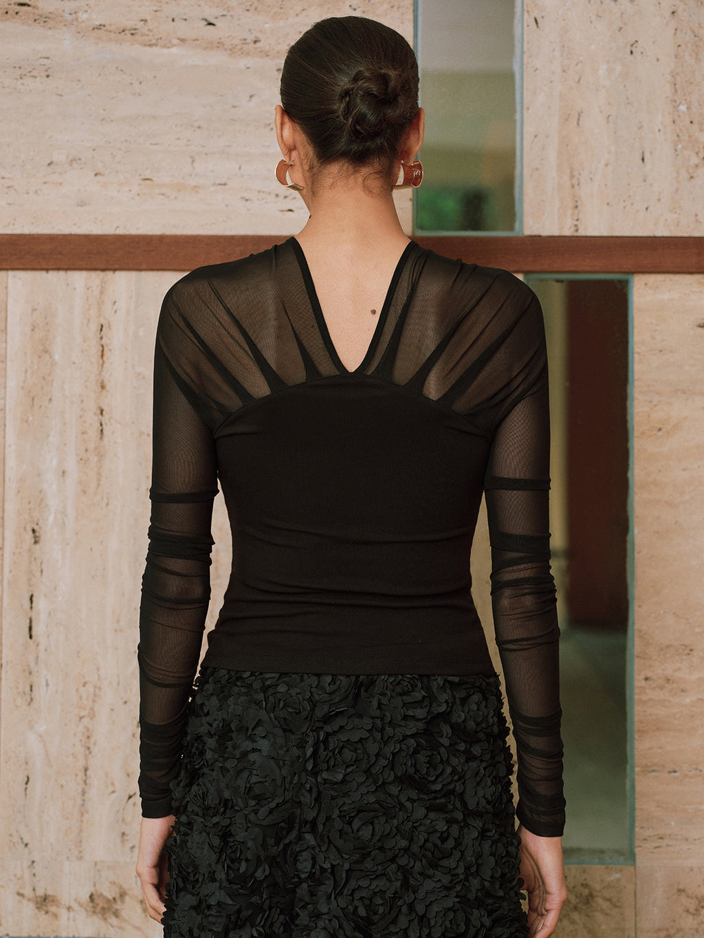 Sheer Mesh Paneled V-Neck Blouse
