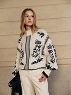 Floral Pattern Mock Neck Balloon Sleeve Sweater
