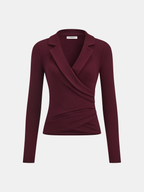 Lapel Ruched Long-Sleeve Top