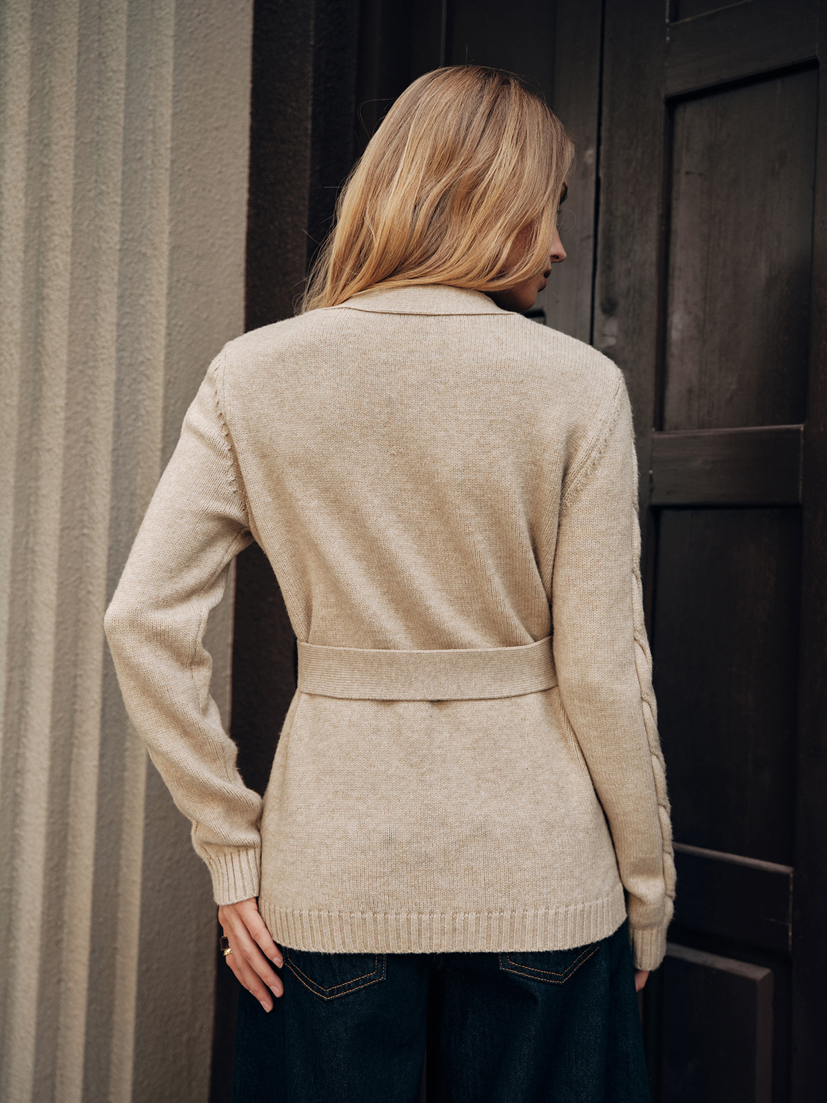 Belted Cable Knit V-Neck Cardigan
