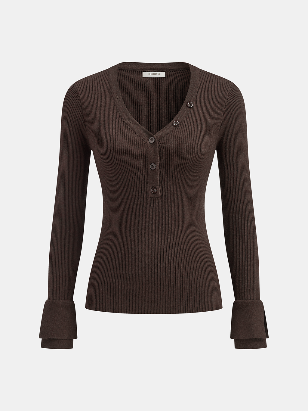 Flared Cuff Ribbed Knit Henley Top