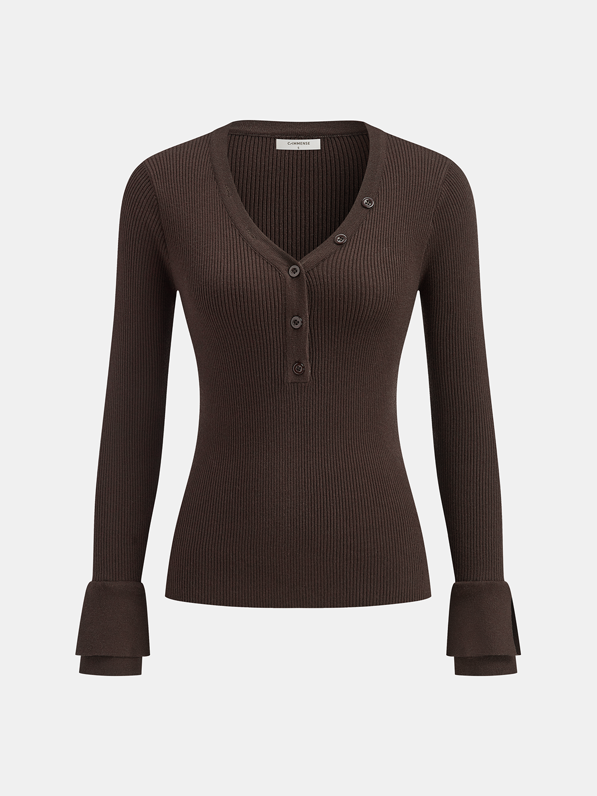 Flared Cuff Ribbed Knit Henley Top