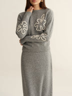 Floral Applique Sweater and Midi Skirt Set