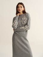 Floral Applique Sweater and Midi Skirt Set