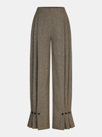 Herringbone Tweed Pleated Straight-Leg Pants