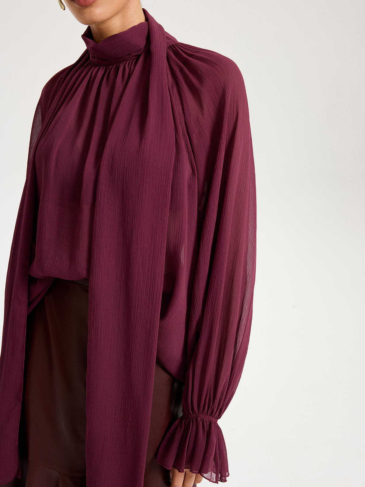 Scarf Neck Semi-Sheer Chiffon Blouse