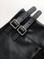Buckle Detail Faux Leather Panel Pleated Midi Skirt