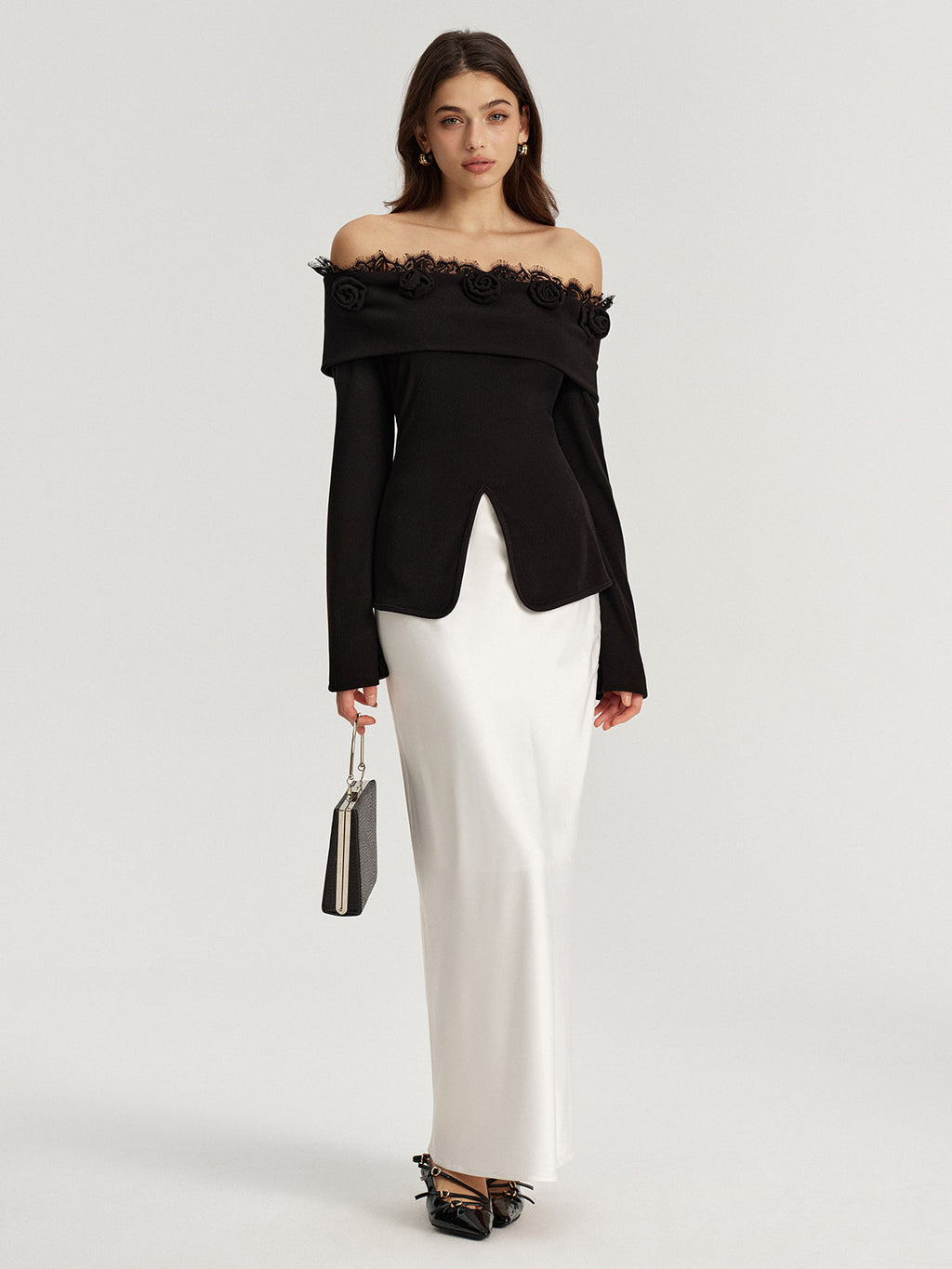 3D Rose Lace Trim Off-Shoulder Top