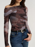 One Shoulder Abstract Print Mesh Ruched Top