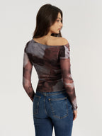 One Shoulder Abstract Print Mesh Ruched Top