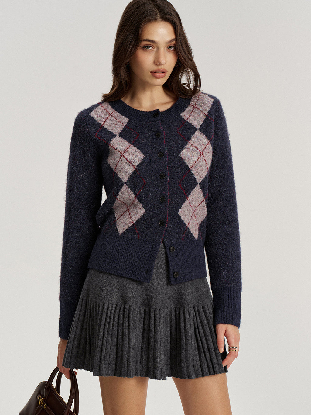 Argyle Jacquard Wool Blend Cardigan