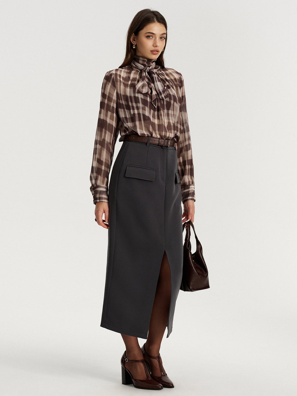 Tie Neck Plaid Semi-Sheer Chiffon Blouse