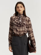 Tie Neck Plaid Semi-Sheer Chiffon Blouse