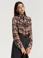Tie Neck Plaid Semi-Sheer Chiffon Blouse