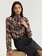 Tie Neck Plaid Semi-Sheer Chiffon Blouse