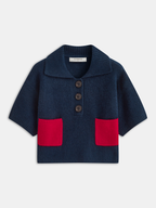 Contrast Pocket Polo-Collar Short-Sleeve Sweater
