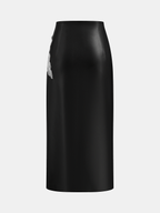 Floral Embroidered Slit PU Midi Skirt