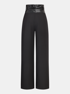 Faux Leather Waistband Wide-Leg Pants with Belt