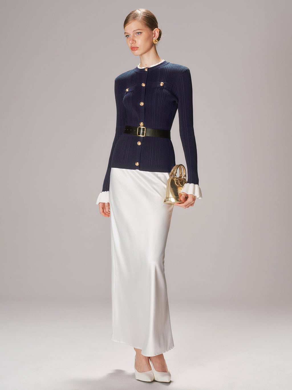 Belted Metal Button Ribbed Knit Top
