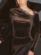 Asymmetric Lace Neckline Velvet Blouse