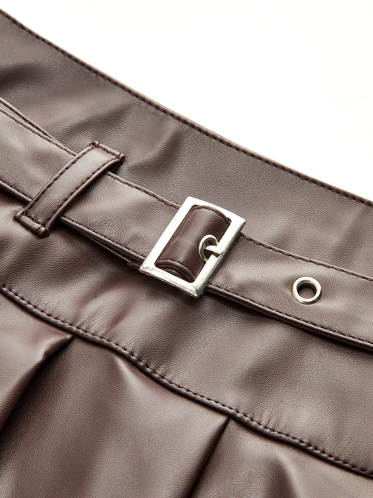 Belt-Decor Faux Leather Pleated Mini Skirt
