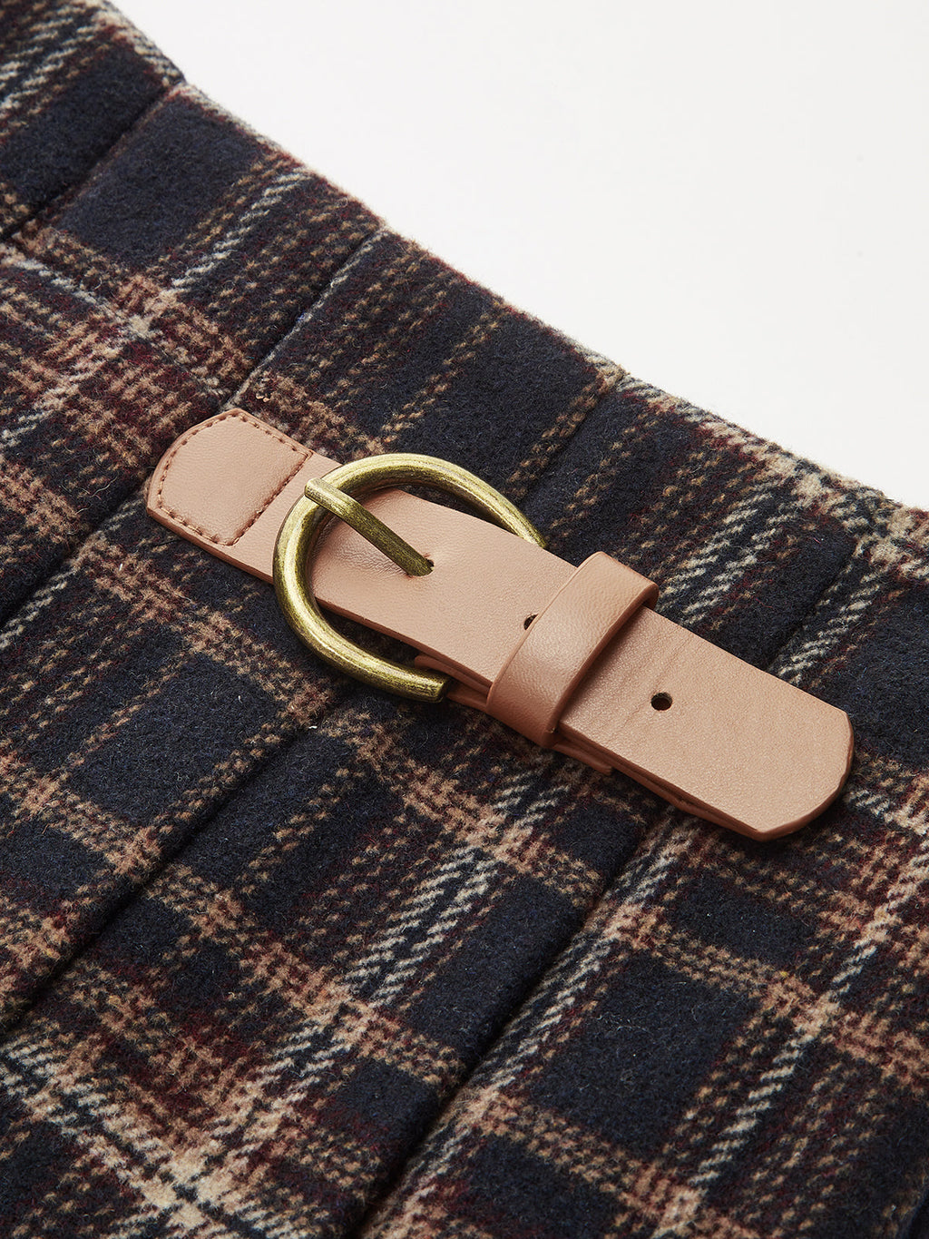 Buckle Detail Plaid Pleated Mini Skirt