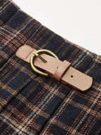 Buckle Detail Plaid Pleated Mini Skirt