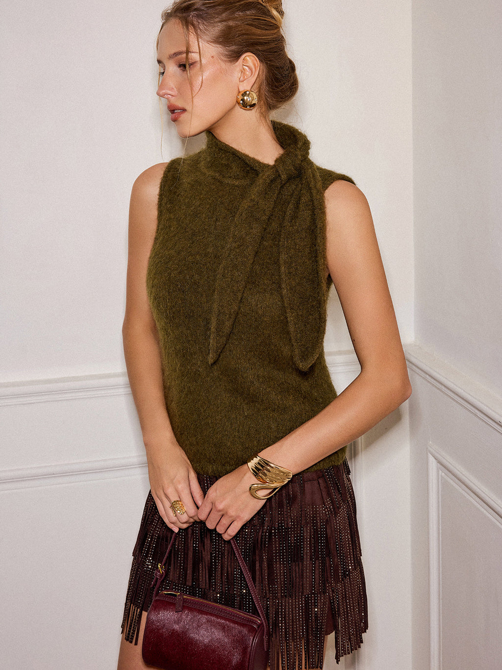 Wool Blend Tie Neck Sleeveless Sweater Vest