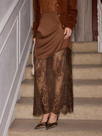 Satin Lace Paneled Maxi Skirt