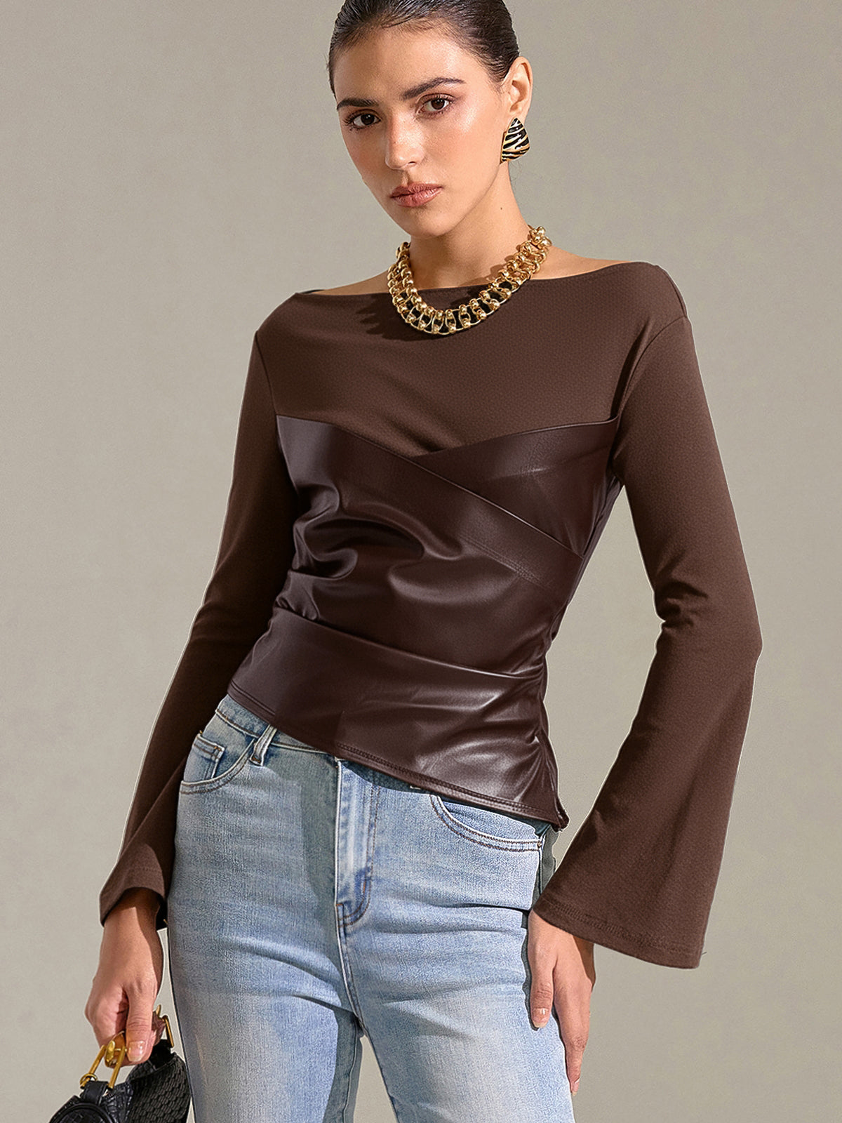 Flared Sleeve Faux Leather Panel Knit Top