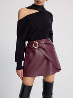 Metal-Detailed Faux Leather Wrap Mini Skirt