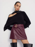 Metal-Detailed Faux Leather Wrap Mini Skirt