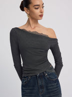 Off-Shoulder Lace-Trim Long-Sleeve Top