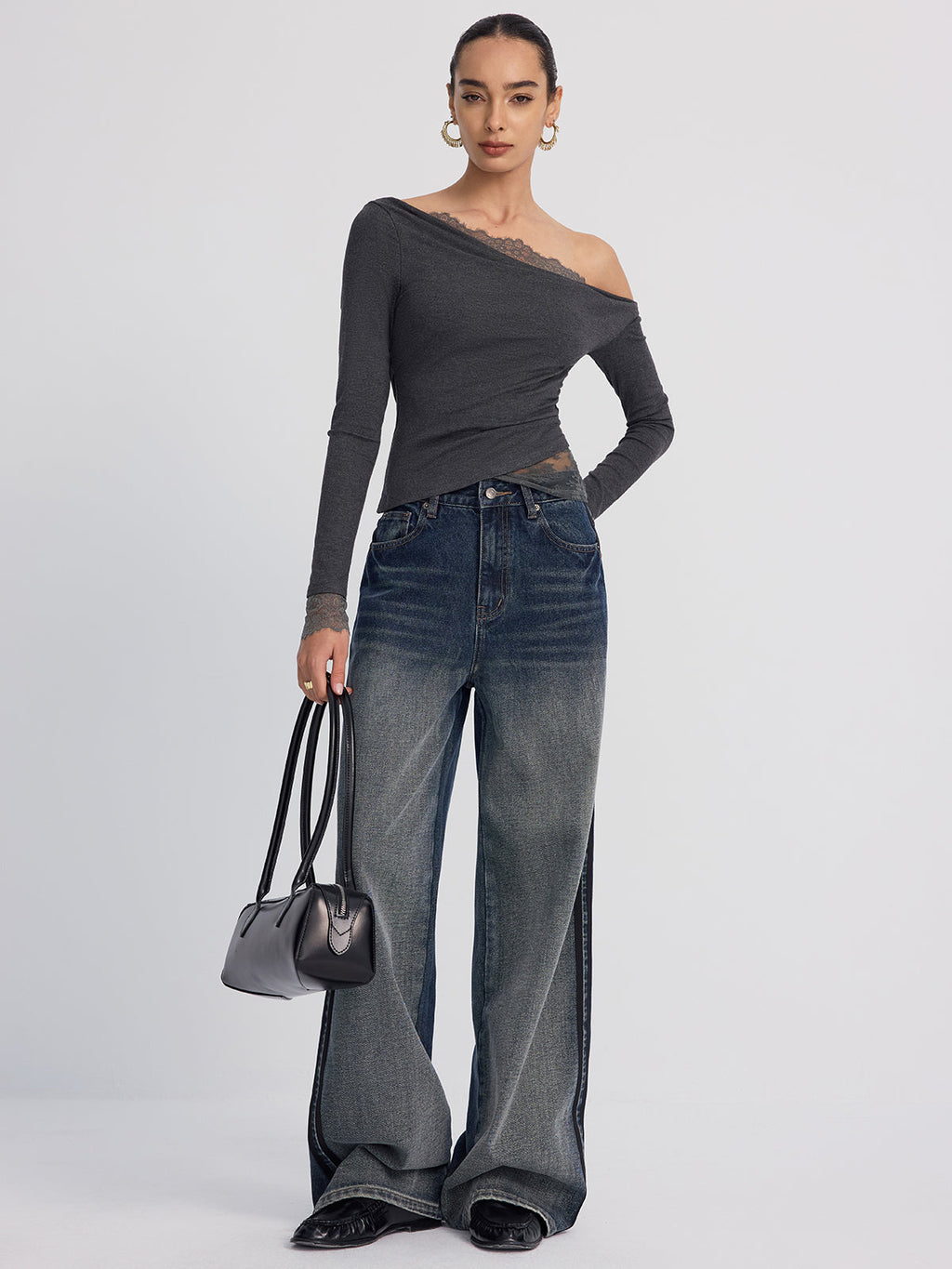Off-Shoulder Lace-Trim Long-Sleeve Top