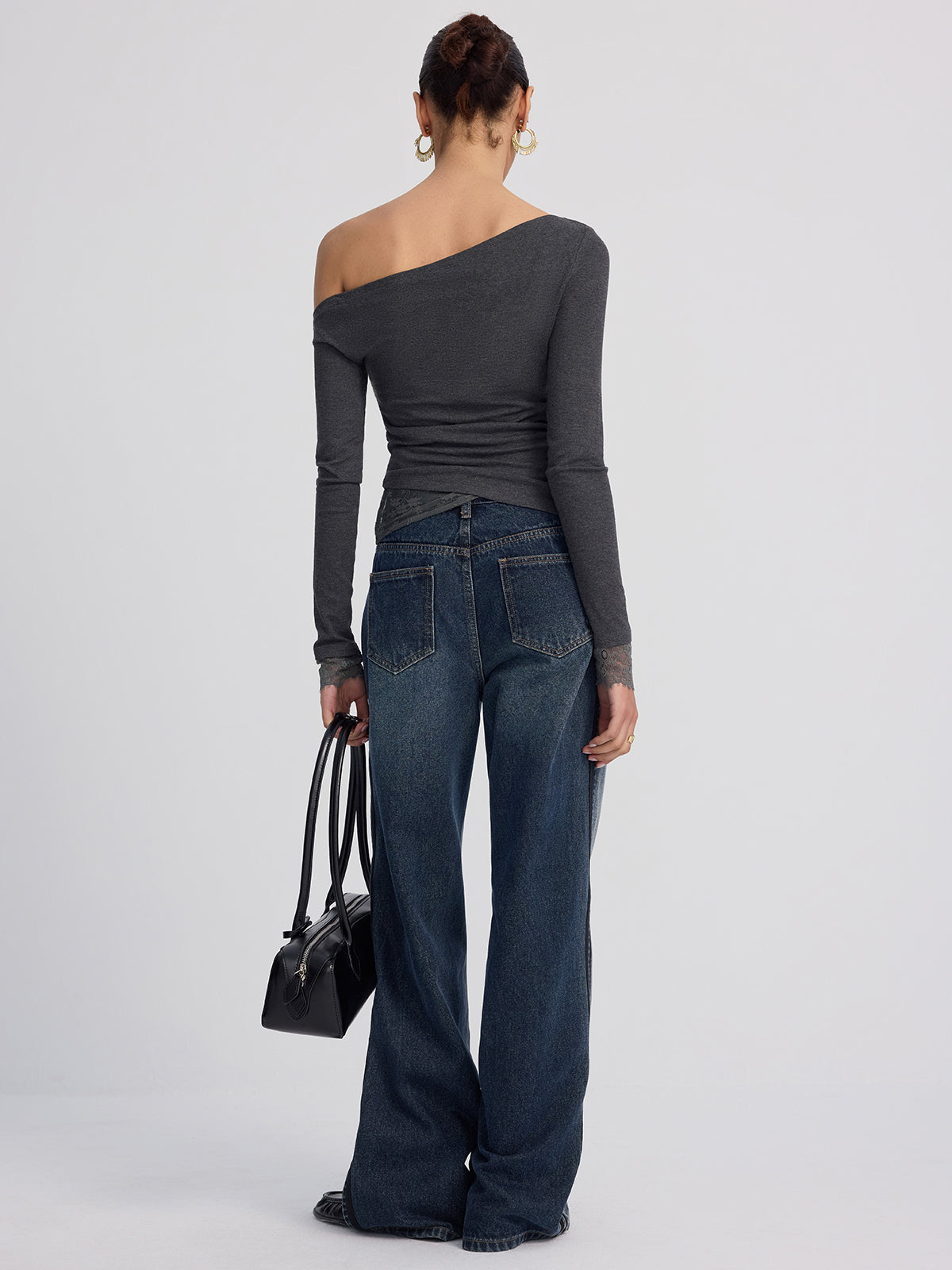 Off-Shoulder Lace-Trim Long-Sleeve Top