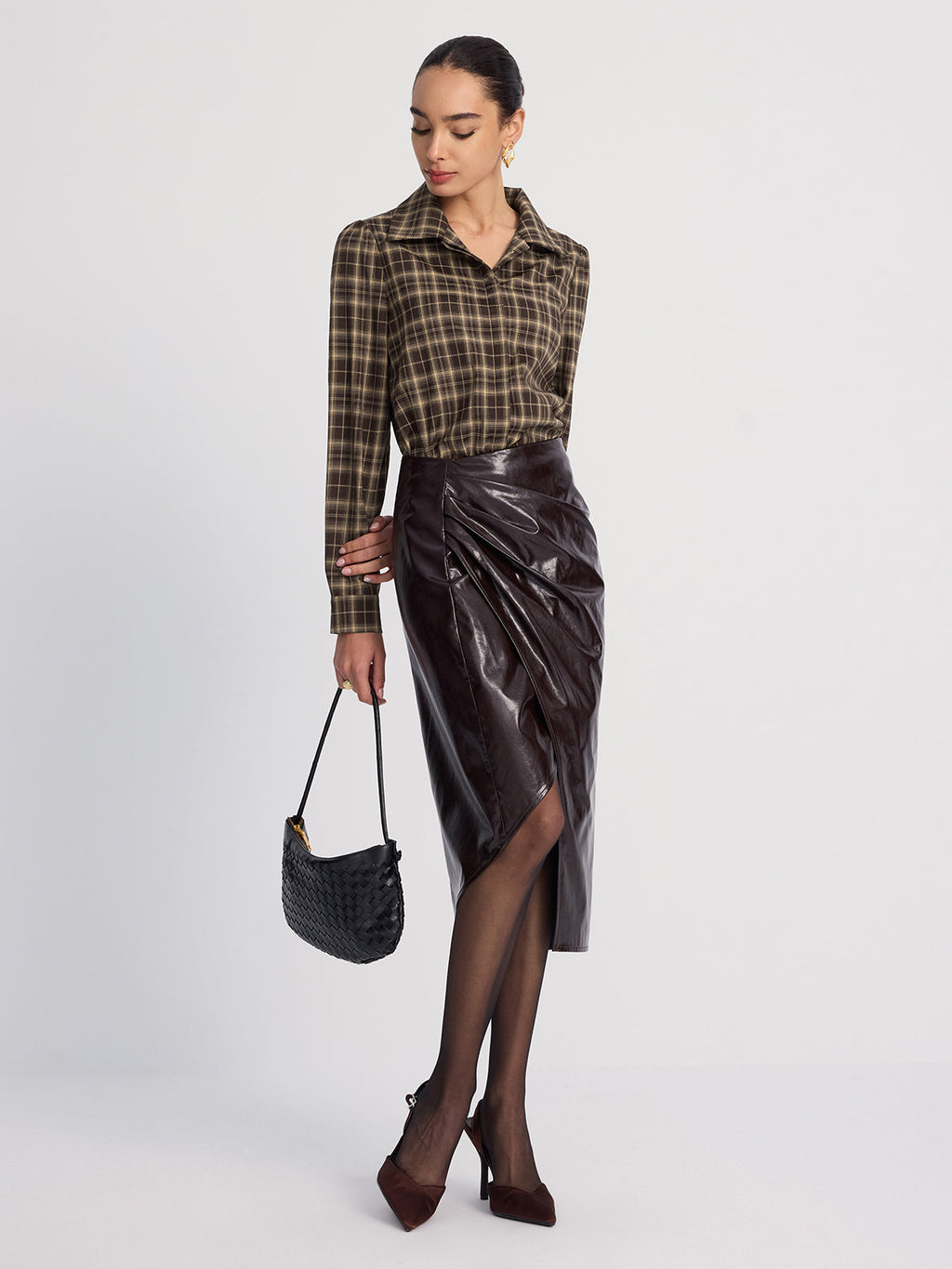 Collared Puff-Sleeve Plaid Bodysuit