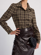 Collared Puff-Sleeve Plaid Bodysuit