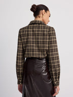 Collared Puff-Sleeve Plaid Bodysuit