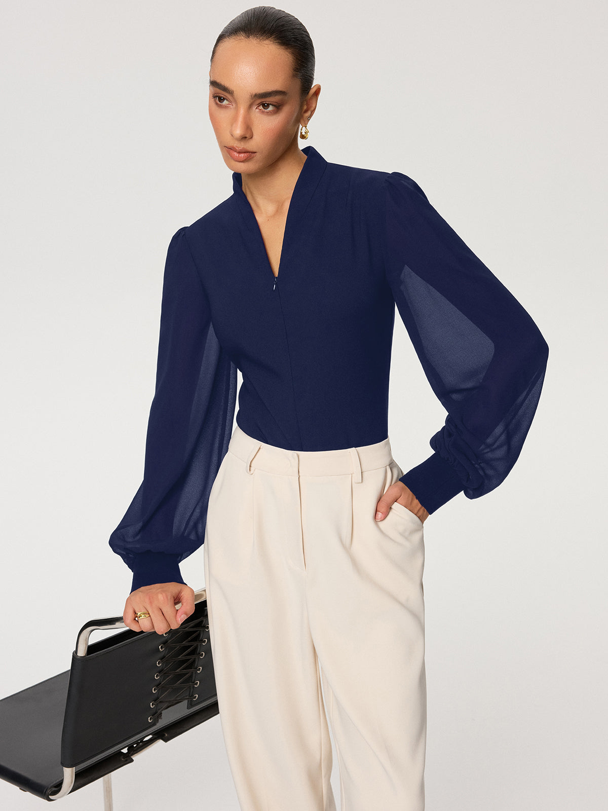 Zip Detail Chiffon Sleeves Blouse