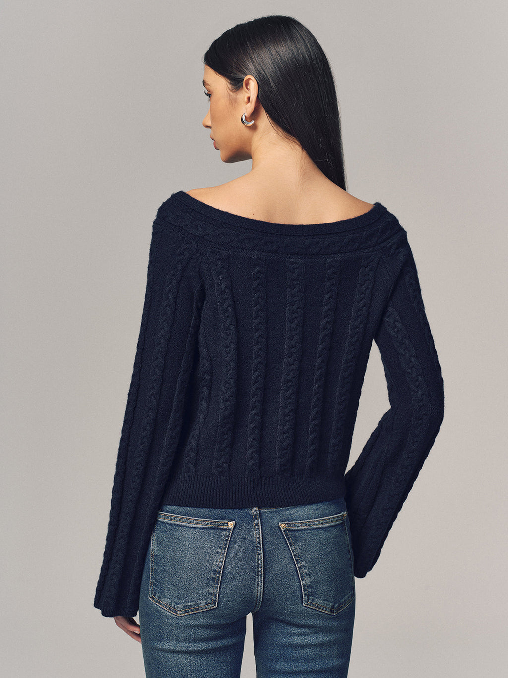 Multi-Way Cable Knit Boat Neck Metal Detail Knitted Top