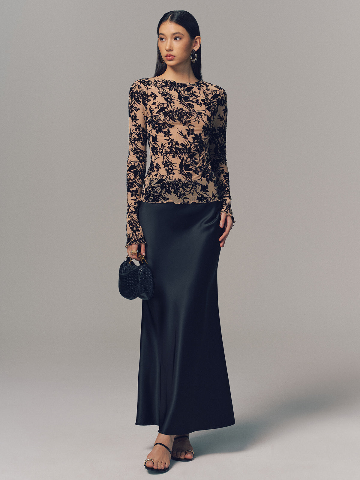 Flocked Sheer Mesh Long Sleeve Top